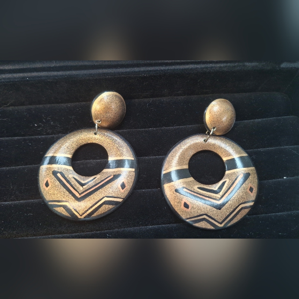 Vintage 1980s Hand Pained Clip Gold and Black Earrings